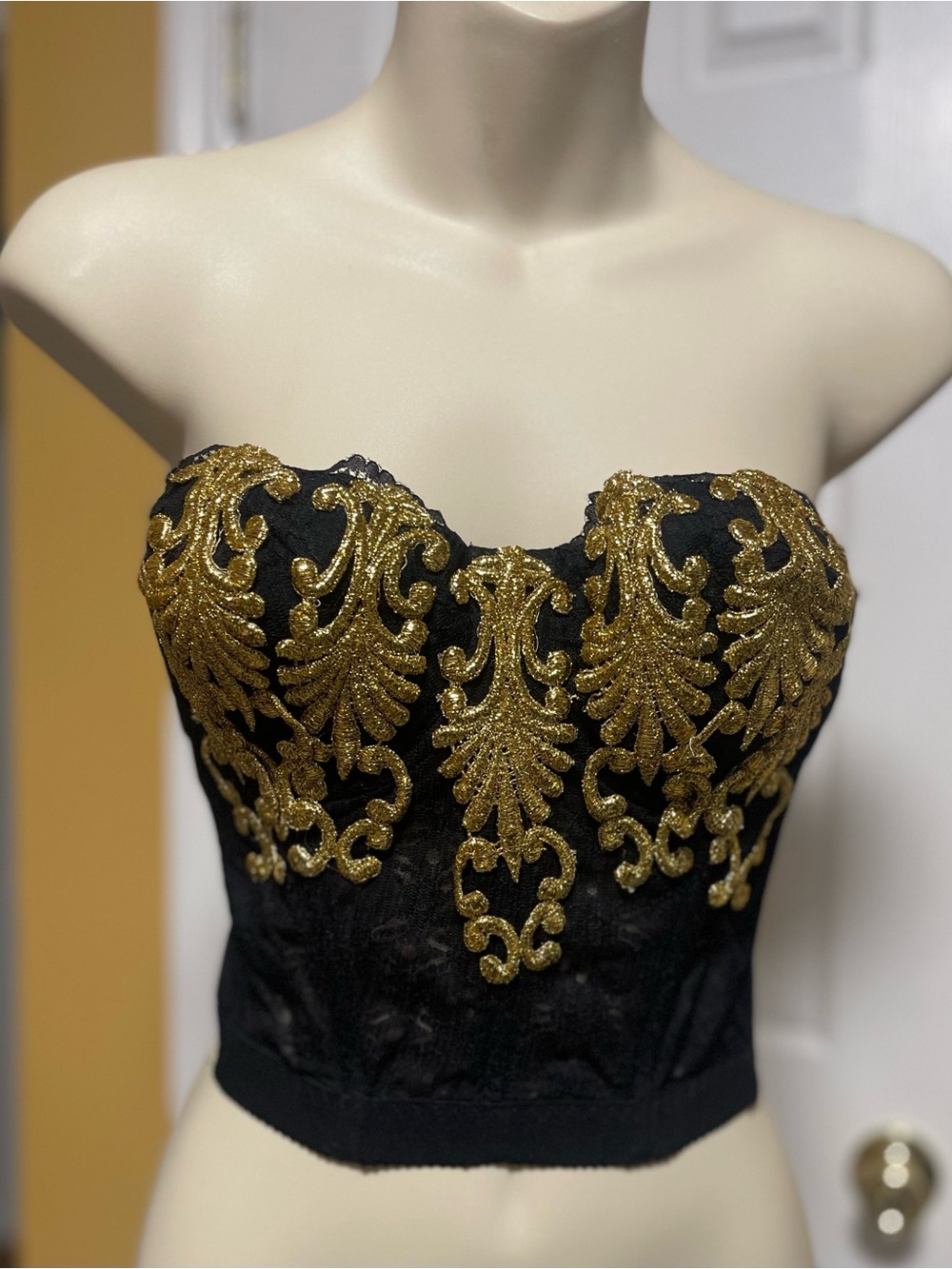 Vintage 80’s Black and Gold Embroidered Strapless Bustier